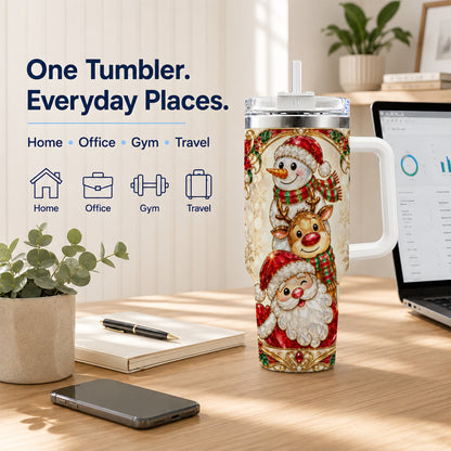 #pl[40oz|White] Santa Reindeer Snowman 40oz Tumbler with Handle, Holiday Travel Cup