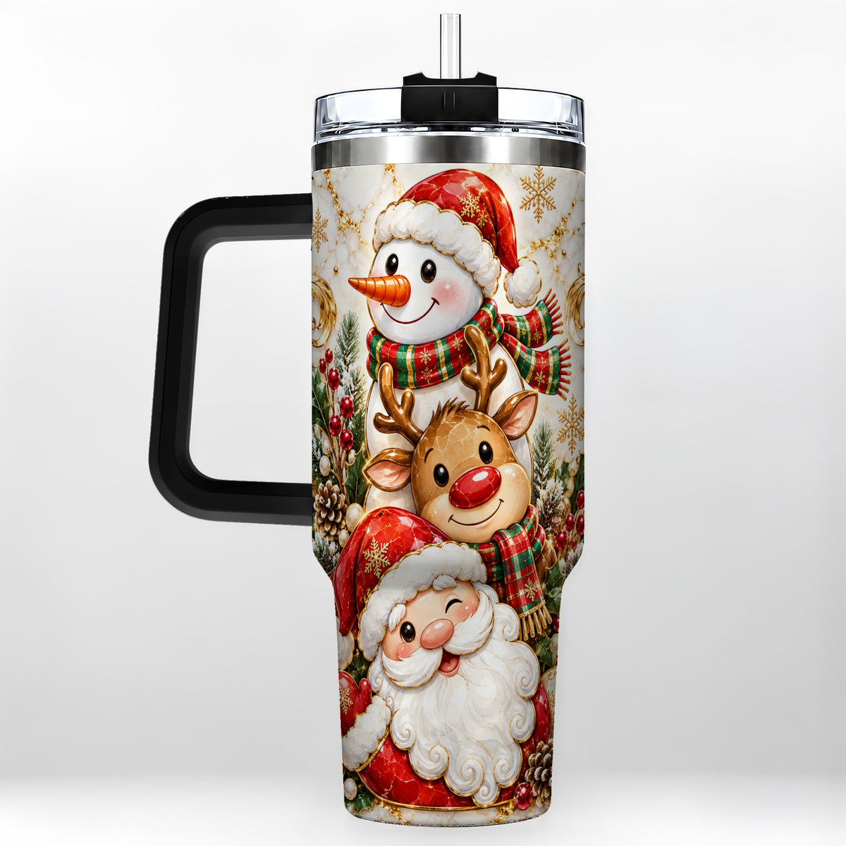 #pl[40oz|Black] Santa Reindeer Snowman 40oz Tumbler with Handle, Holiday Travel Cup