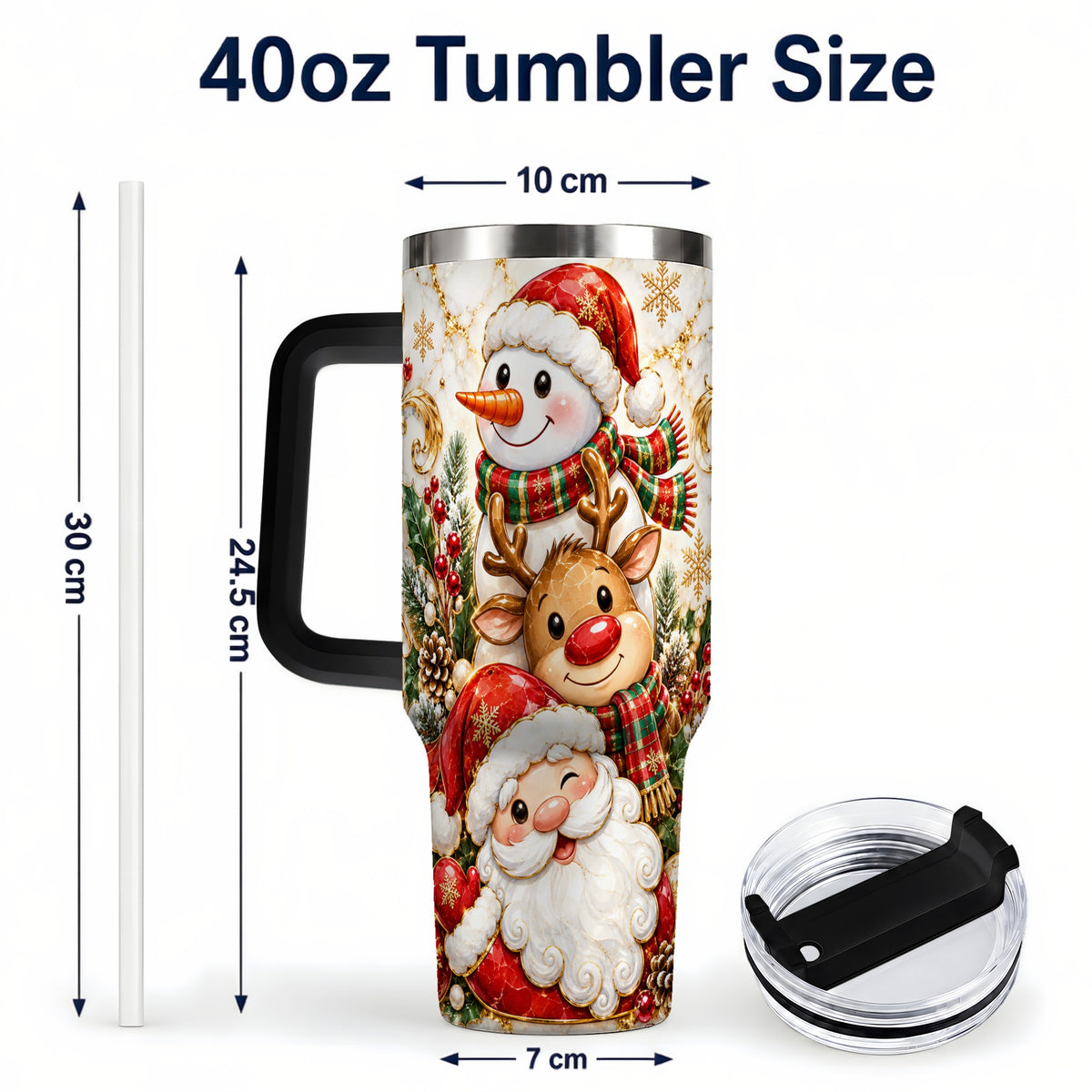 #pl[40oz|Black] Santa Reindeer Snowman 40oz Tumbler with Handle, Holiday Travel Cup