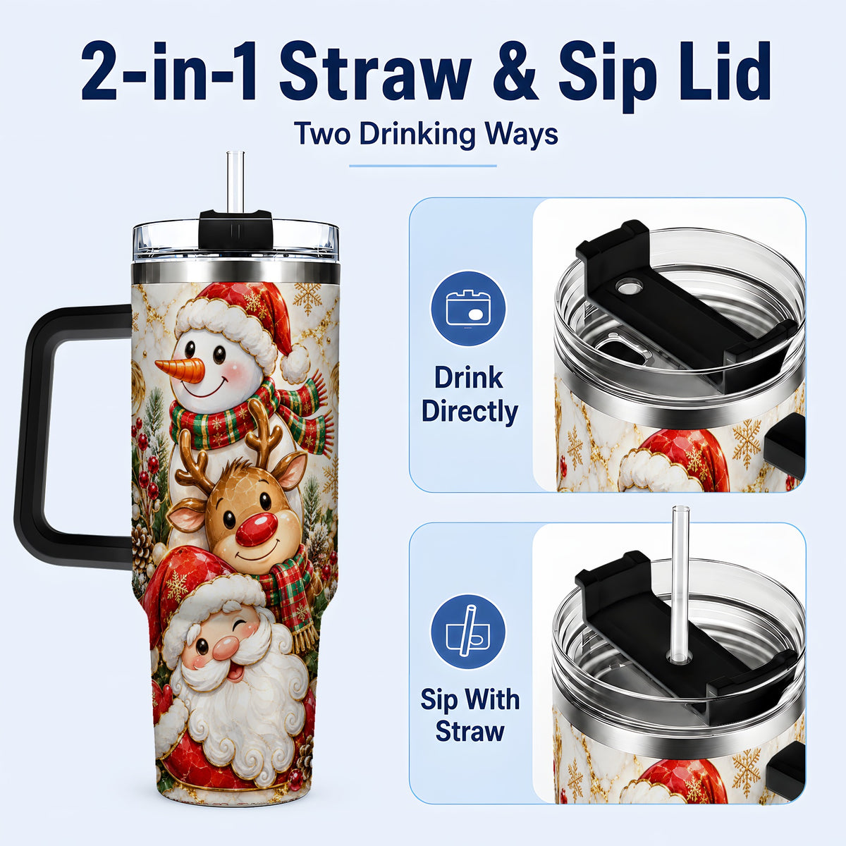 #pl[40oz|Black] Santa Reindeer Snowman 40oz Tumbler with Handle, Holiday Travel Cup