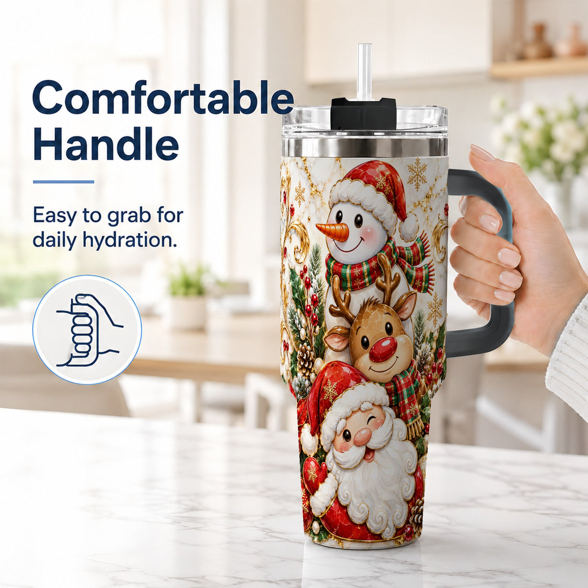#pl[40oz|Black] Santa Reindeer Snowman 40oz Tumbler with Handle, Holiday Travel Cup