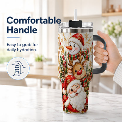 #pl[40oz|Black] Santa Reindeer Snowman 40oz Tumbler with Handle, Holiday Travel Cup