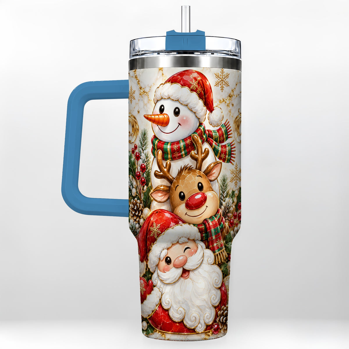 #pl[40oz|Blue] Santa Reindeer Snowman 40oz Tumbler with Handle, Holiday Travel Cup