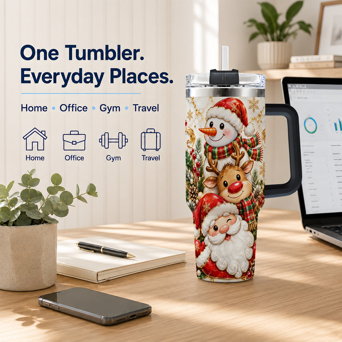 #pl[40oz|Black] Santa Reindeer Snowman 40oz Tumbler with Handle, Holiday Travel Cup