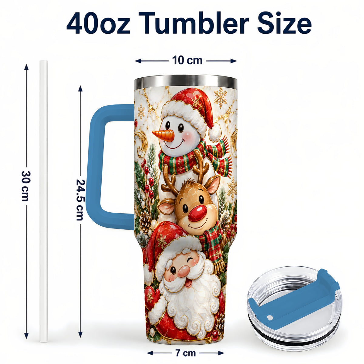 #pl[40oz|Blue] Santa Reindeer Snowman 40oz Tumbler with Handle, Holiday Travel Cup