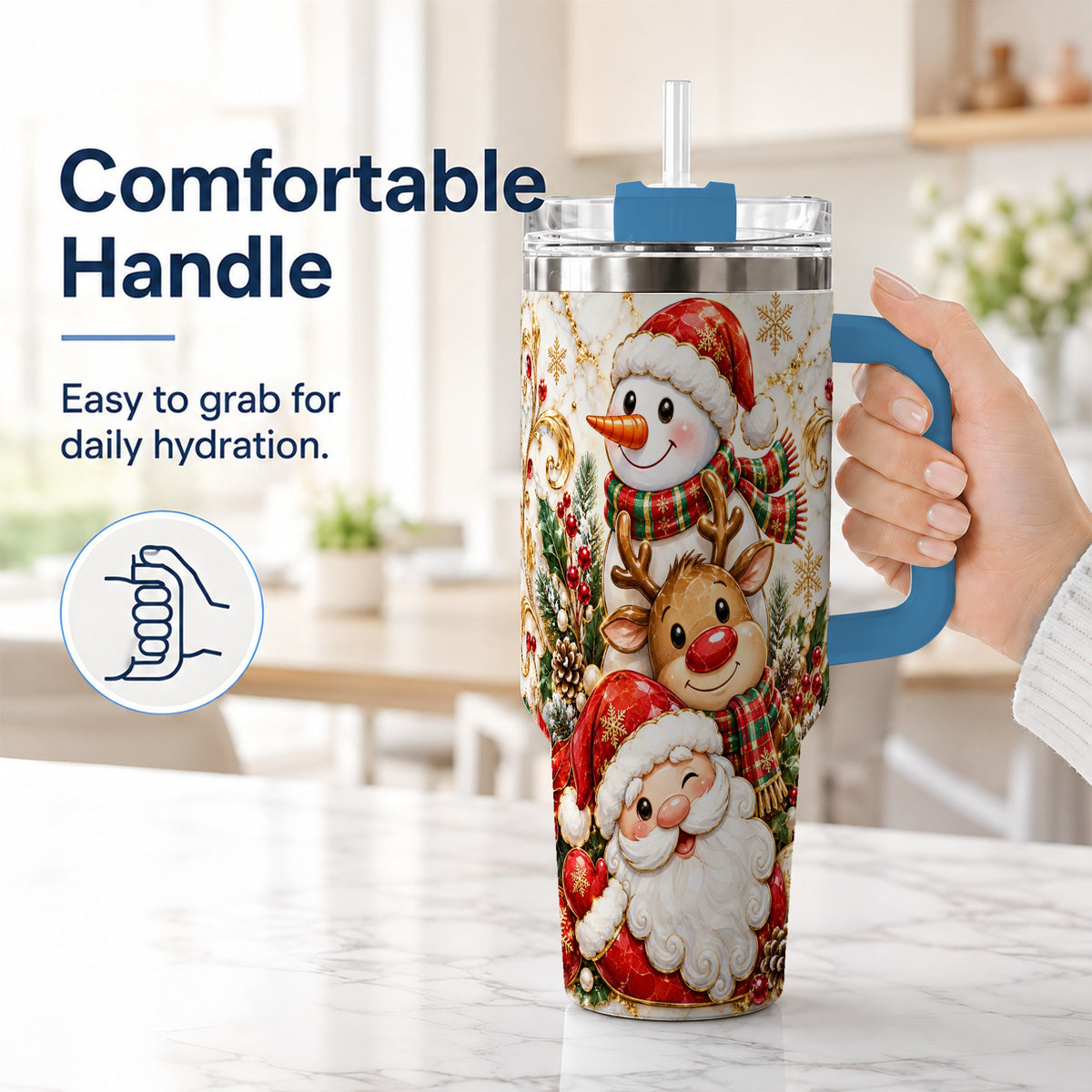 #pl[40oz|Blue] Santa Reindeer Snowman 40oz Tumbler with Handle, Holiday Travel Cup