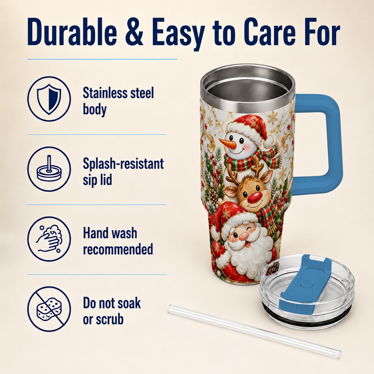 #pl[40oz|Blue] Santa Reindeer Snowman 40oz Tumbler with Handle, Holiday Travel Cup