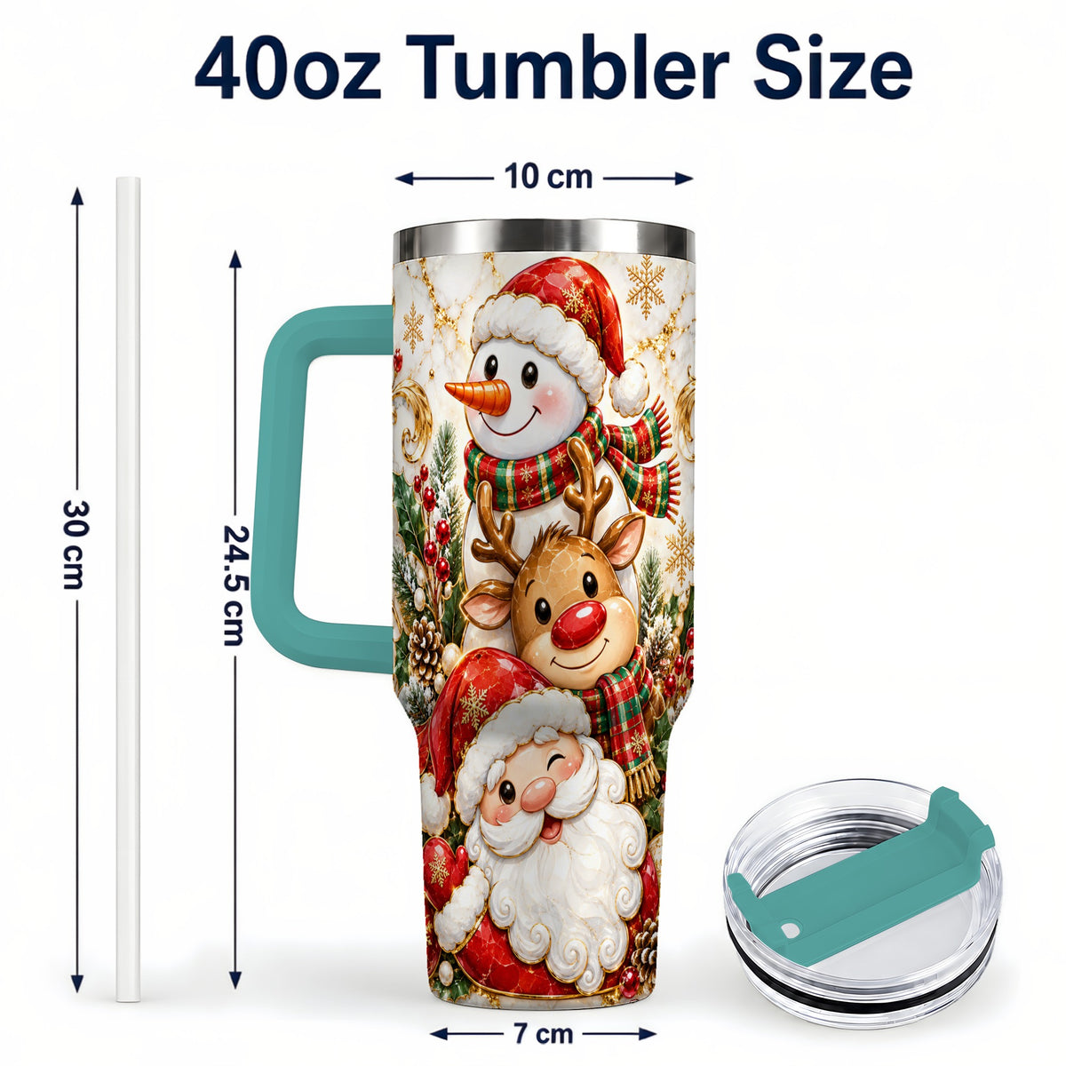 #pl[40oz|Green] Santa Reindeer Snowman 40oz Tumbler with Handle, Holiday Travel Cup