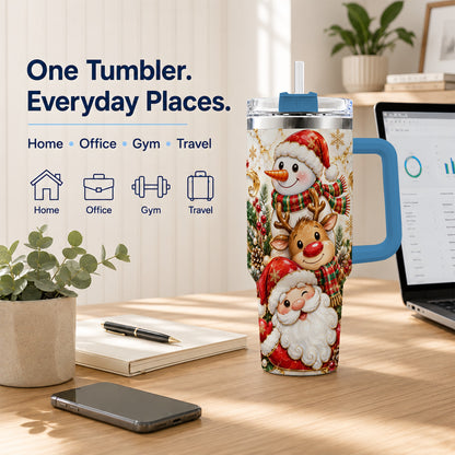 #pl[40oz|Blue] Santa Reindeer Snowman 40oz Tumbler with Handle, Holiday Travel Cup