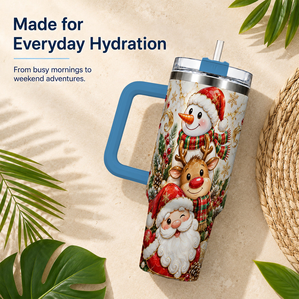 #pl[40oz|Blue] Santa Reindeer Snowman 40oz Tumbler with Handle, Holiday Travel Cup