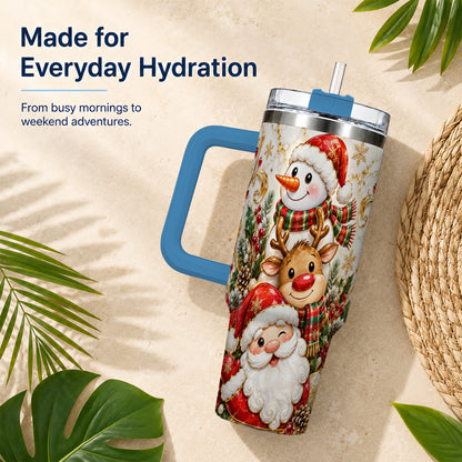 #pl[40oz|Blue] Santa Reindeer Snowman 40oz Tumbler with Handle, Holiday Travel Cup