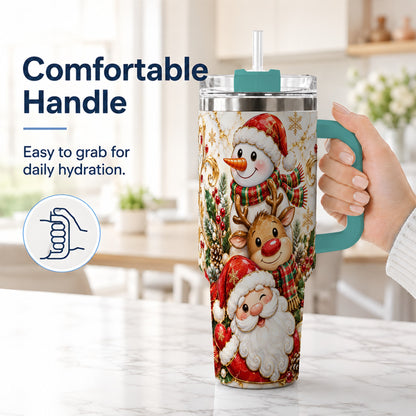 #pl[40oz|Green] Santa Reindeer Snowman 40oz Tumbler with Handle, Holiday Travel Cup