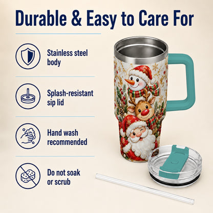 #pl[40oz|Green] Santa Reindeer Snowman 40oz Tumbler with Handle, Holiday Travel Cup