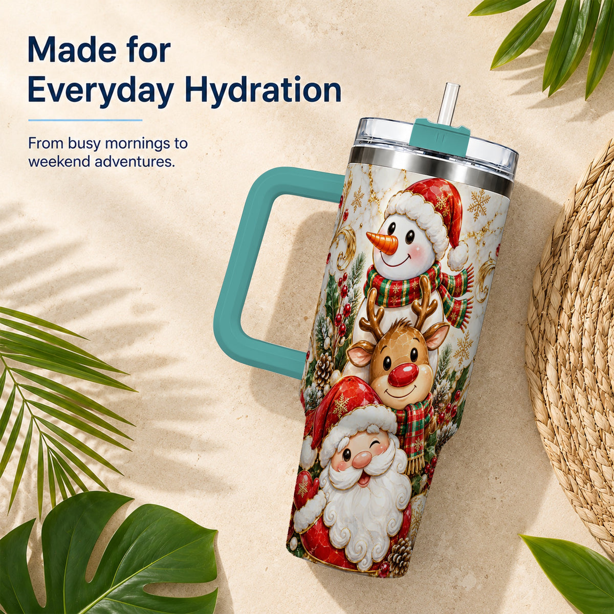 #pl[40oz|Green] Santa Reindeer Snowman 40oz Tumbler with Handle, Holiday Travel Cup