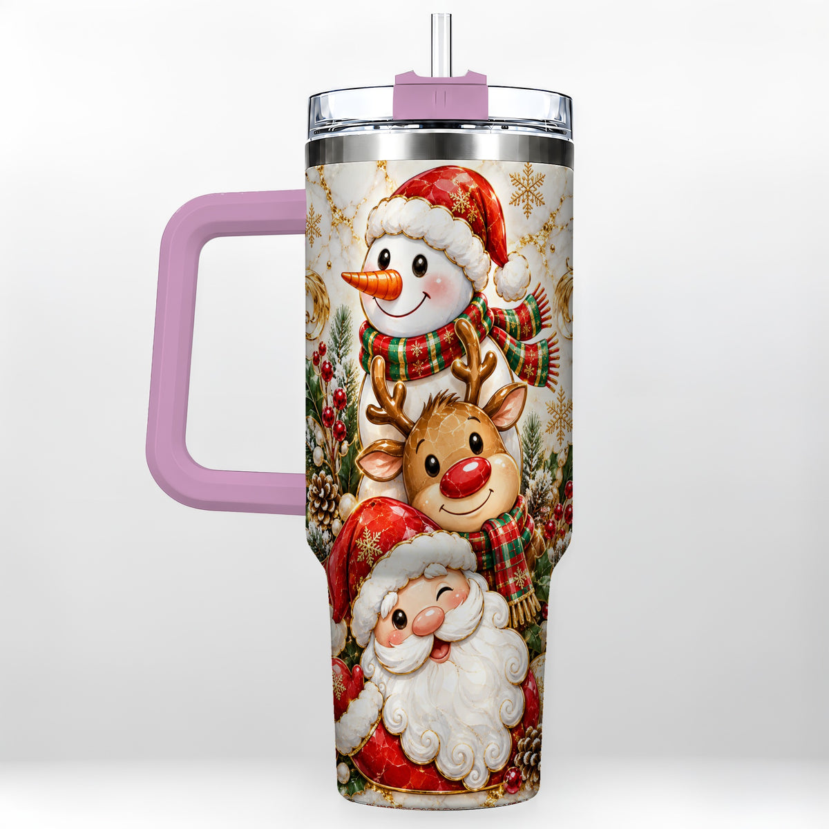 #pl[40oz|Pink] Santa Reindeer Snowman 40oz Tumbler with Handle, Holiday Travel Cup