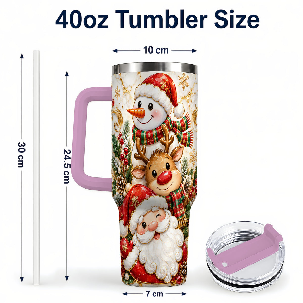 #pl[40oz|Pink] Santa Reindeer Snowman 40oz Tumbler with Handle, Holiday Travel Cup