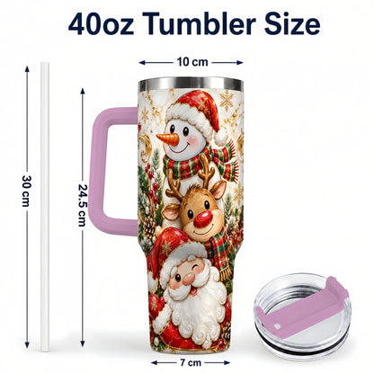 #pl[40oz|Pink] Santa Reindeer Snowman 40oz Tumbler with Handle, Holiday Travel Cup