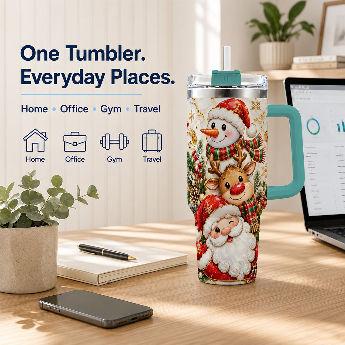 #pl[40oz|Green] Santa Reindeer Snowman 40oz Tumbler with Handle, Holiday Travel Cup