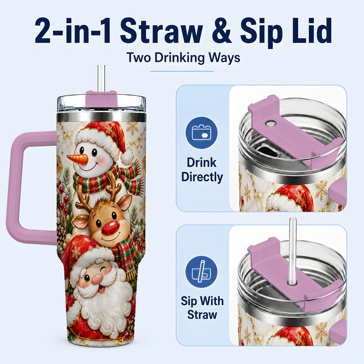 #pl[40oz|Pink] Santa Reindeer Snowman 40oz Tumbler with Handle, Holiday Travel Cup