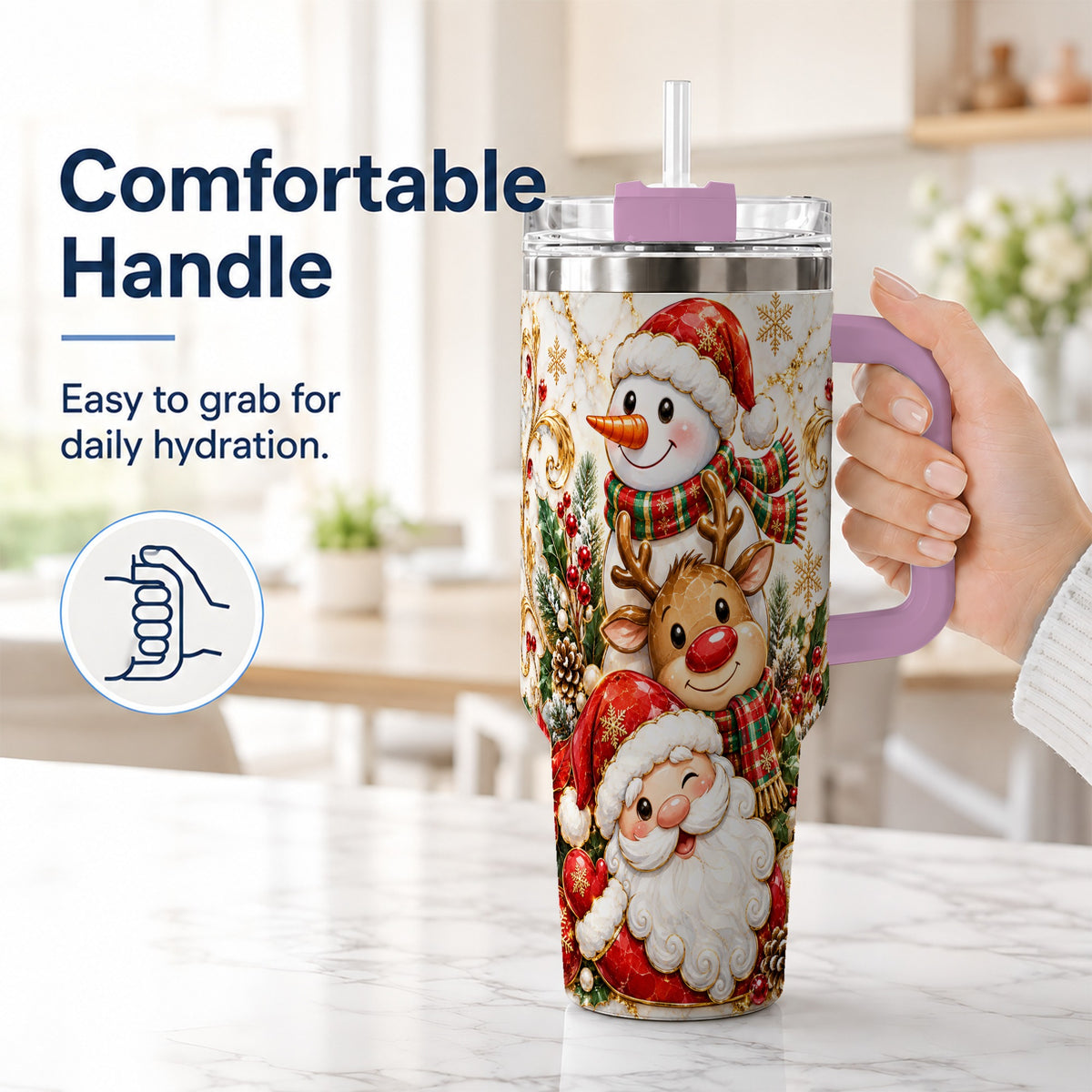 #pl[40oz|Pink] Santa Reindeer Snowman 40oz Tumbler with Handle, Holiday Travel Cup
