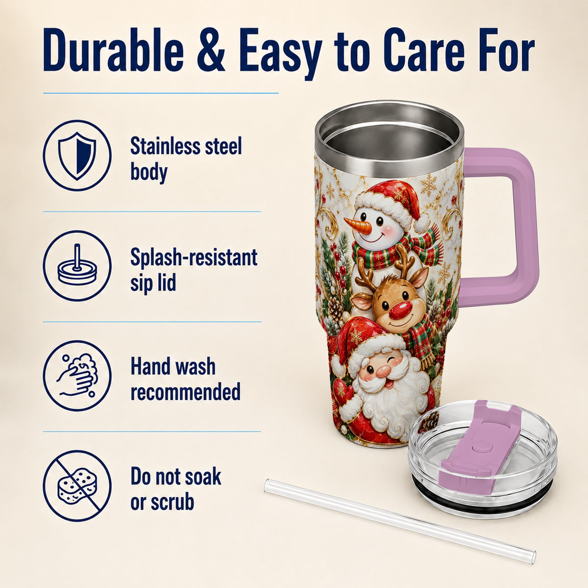 #pl[40oz|Pink] Santa Reindeer Snowman 40oz Tumbler with Handle, Holiday Travel Cup