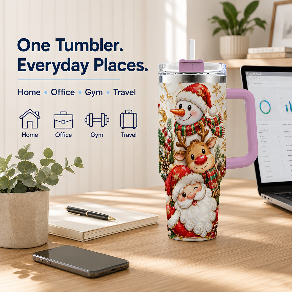 #pl[40oz|Pink] Santa Reindeer Snowman 40oz Tumbler with Handle, Holiday Travel Cup