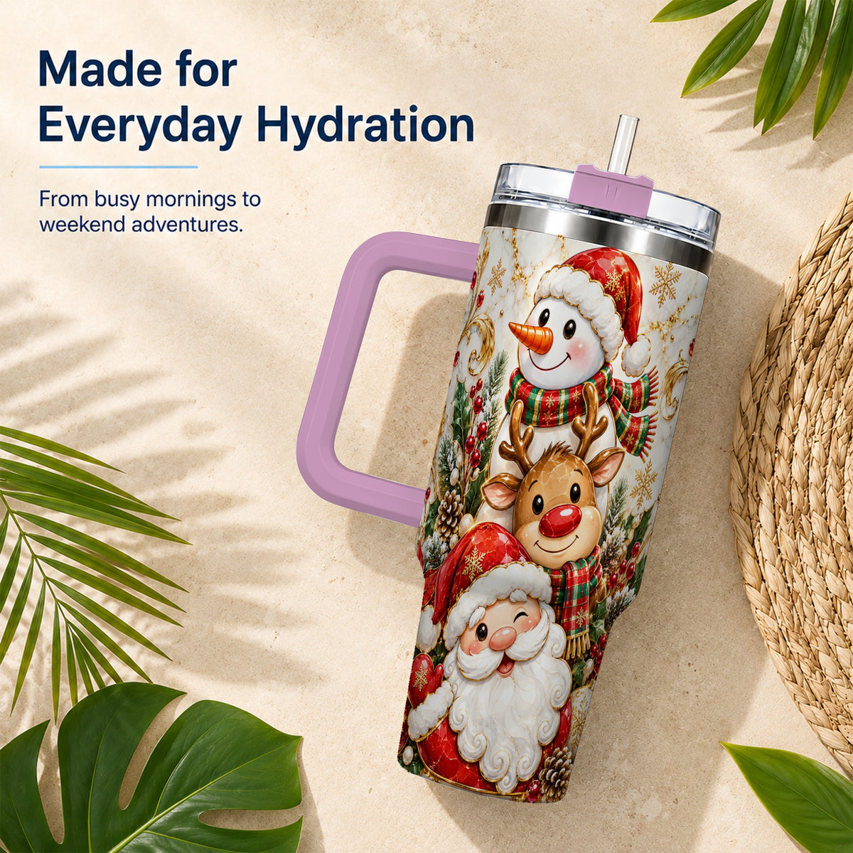 #pl[40oz|Pink] Santa Reindeer Snowman 40oz Tumbler with Handle, Holiday Travel Cup