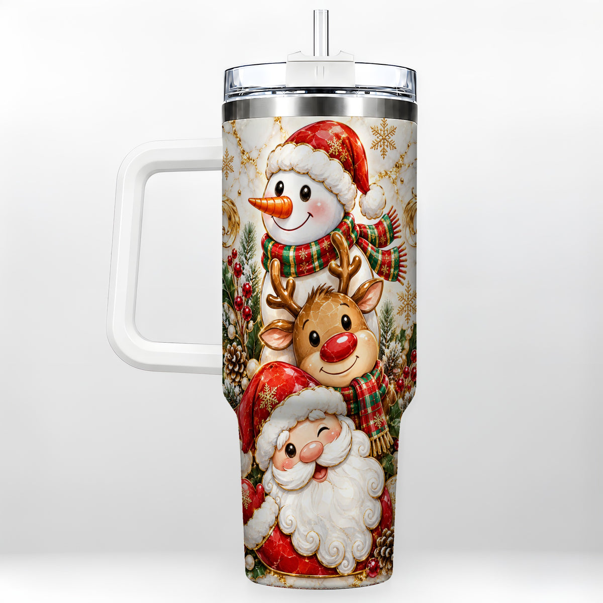 Santa Reindeer Snowman 40oz Tumbler with Handle, Holiday Travel Cup