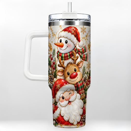 Santa Reindeer Snowman 40oz Tumbler with Handle, Holiday Travel Cup