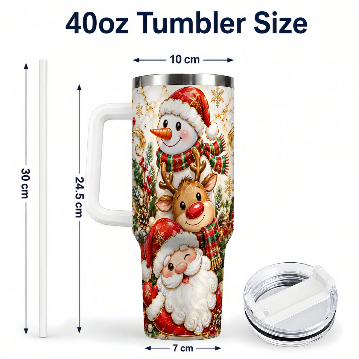 #pl[40oz|White] Santa Reindeer Snowman 40oz Tumbler with Handle, Holiday Travel Cup