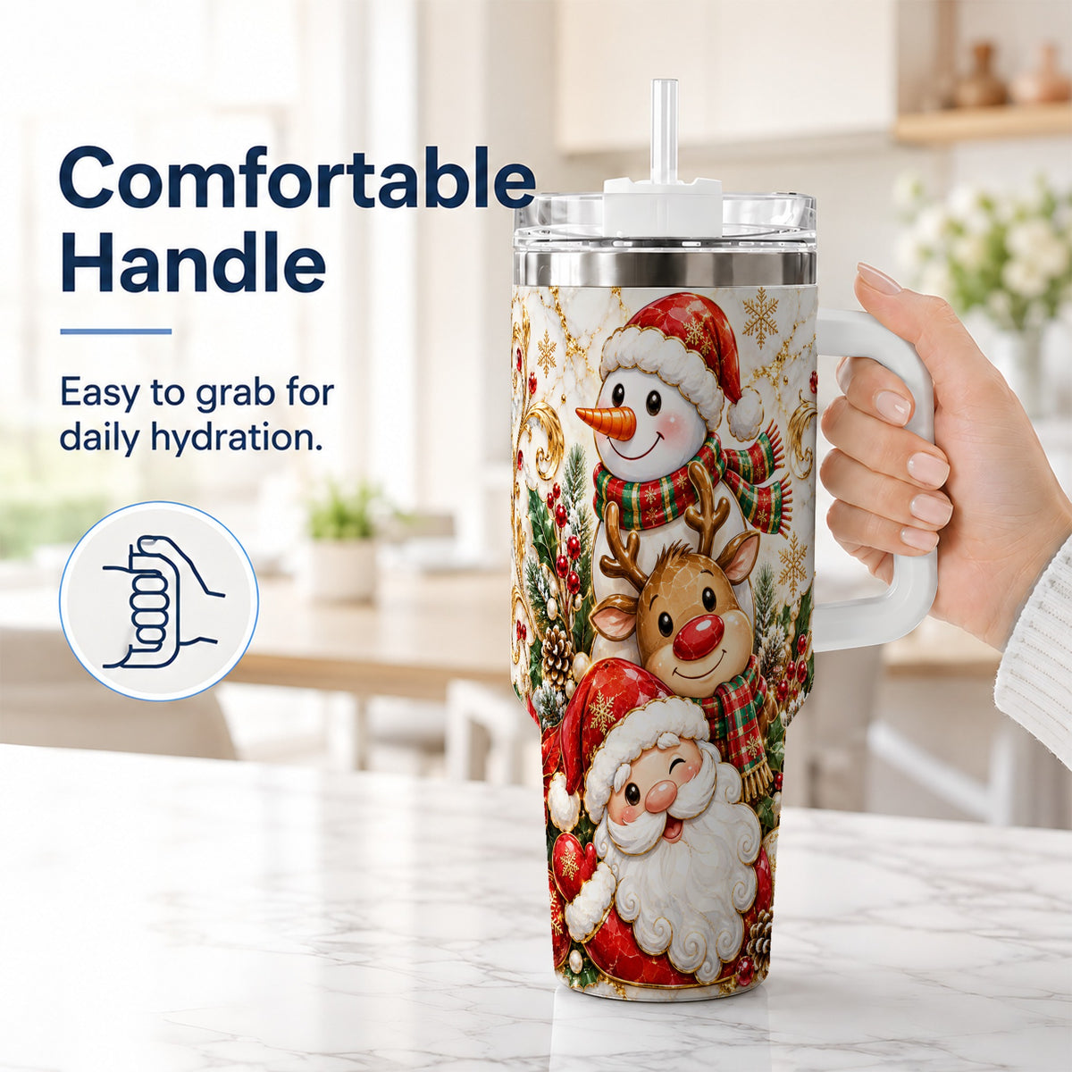#pl[40oz|White] Santa Reindeer Snowman 40oz Tumbler with Handle, Holiday Travel Cup