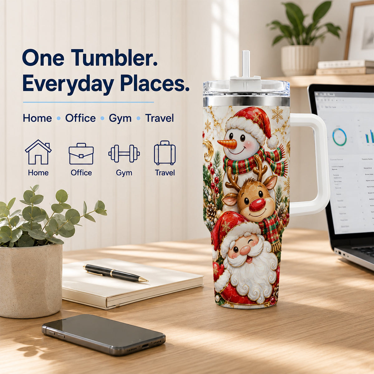 #pl[40oz|White] Santa Reindeer Snowman 40oz Tumbler with Handle, Holiday Travel Cup