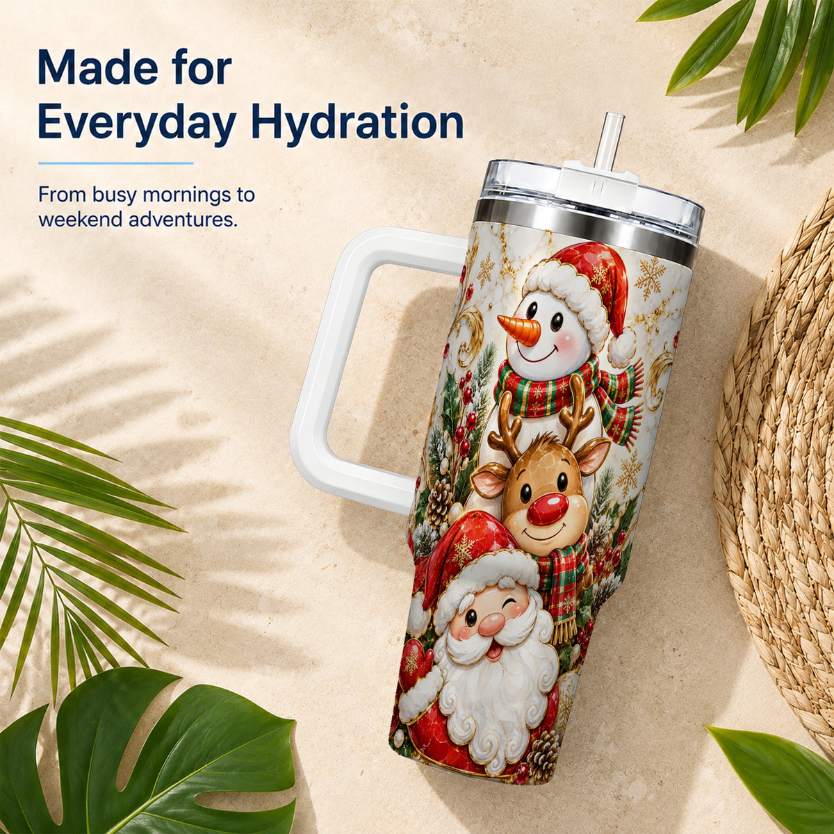 #pl[40oz|White] Santa Reindeer Snowman 40oz Tumbler with Handle, Holiday Travel Cup