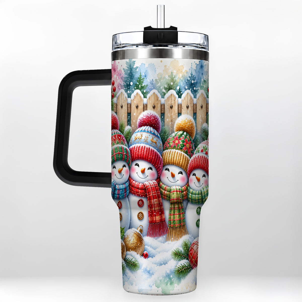 #pl[40oz|Black] Watercolor Snowman Friends 40oz Tumbler with Handle, Winter Travel Cup