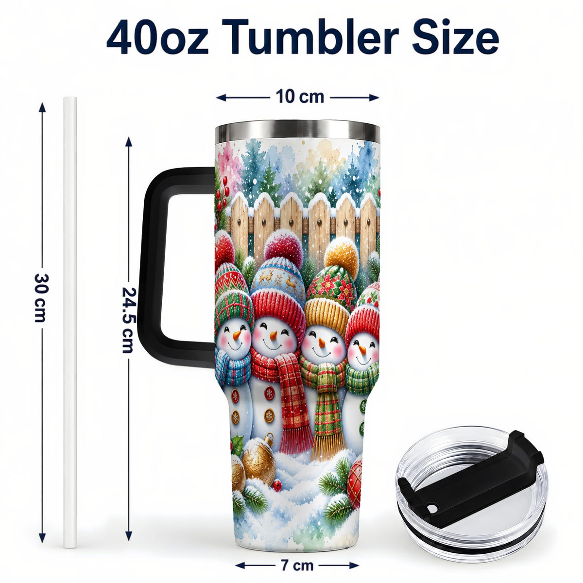 #pl[40oz|Black] Watercolor Snowman Friends 40oz Tumbler with Handle, Winter Travel Cup