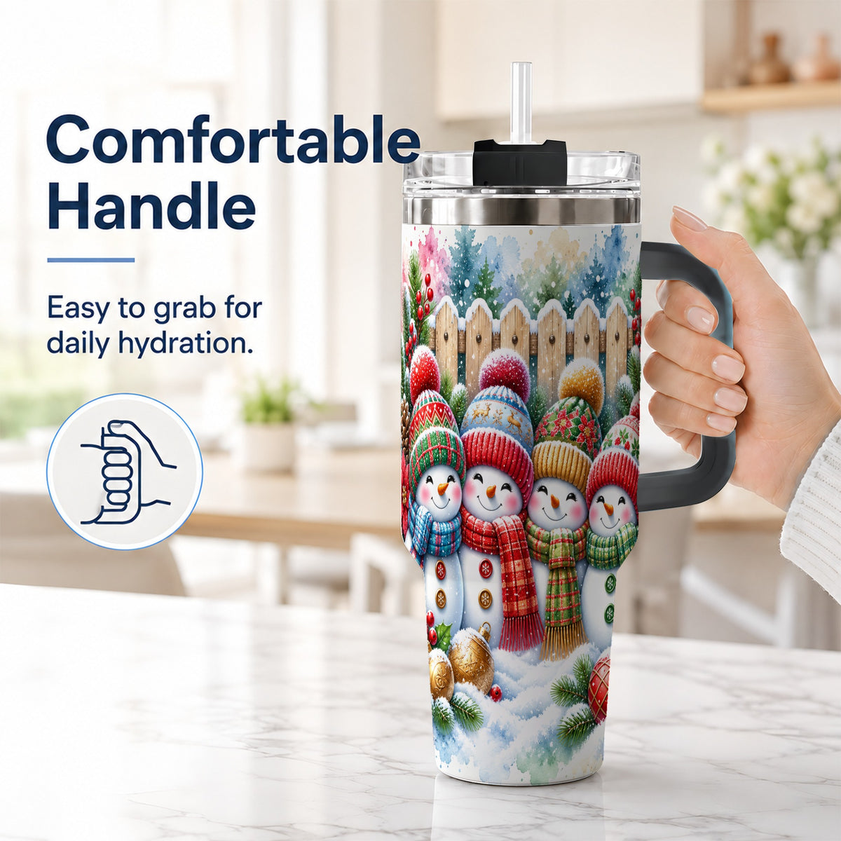 #pl[40oz|Black] Watercolor Snowman Friends 40oz Tumbler with Handle, Winter Travel Cup