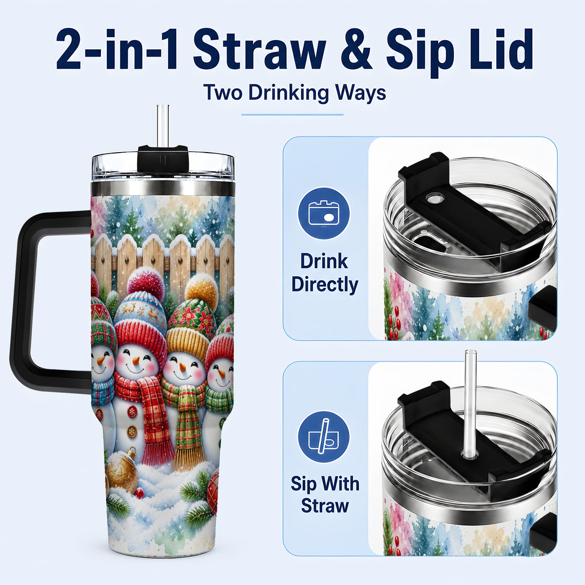 #pl[40oz|Black] Watercolor Snowman Friends 40oz Tumbler with Handle, Winter Travel Cup