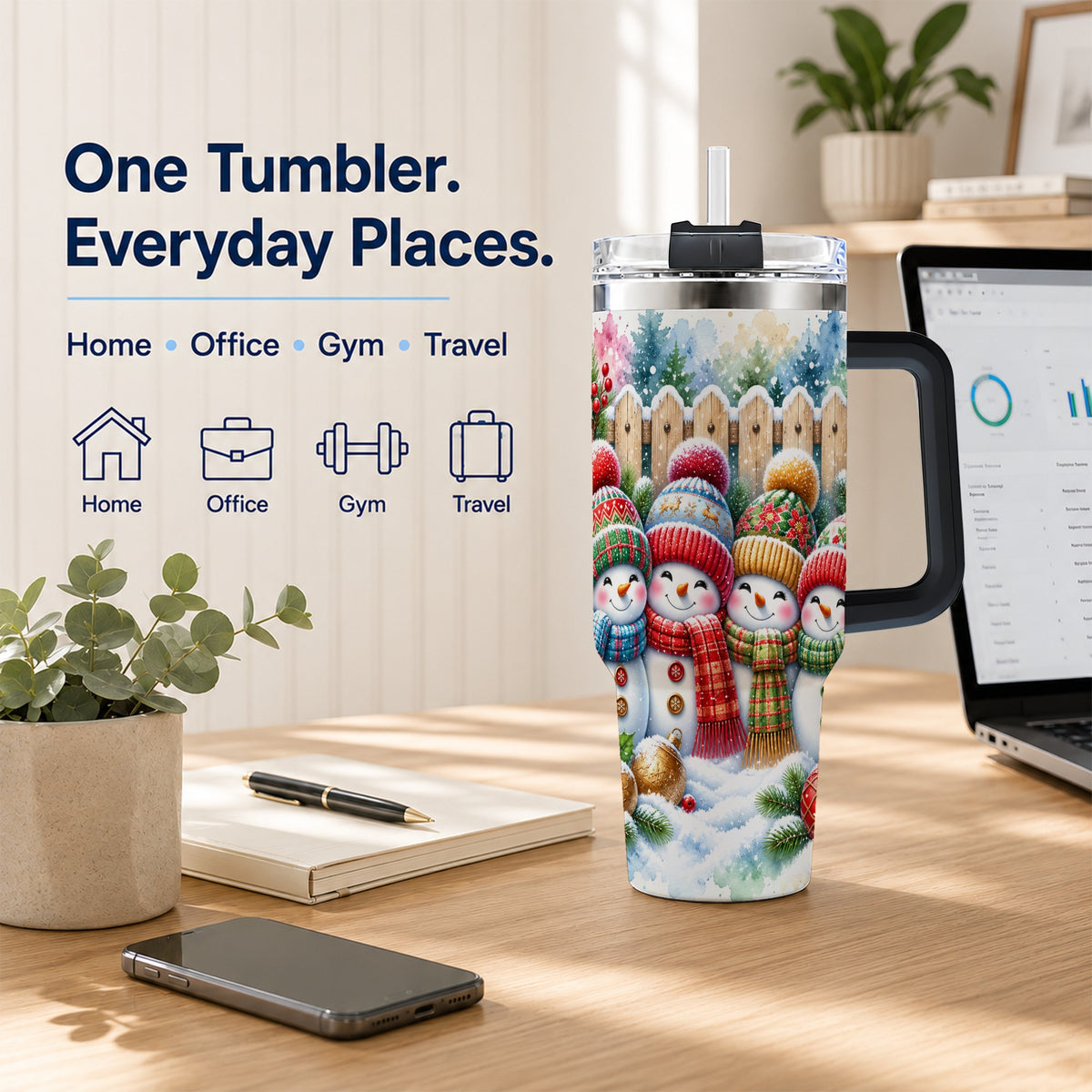 #pl[40oz|Black] Watercolor Snowman Friends 40oz Tumbler with Handle, Winter Travel Cup