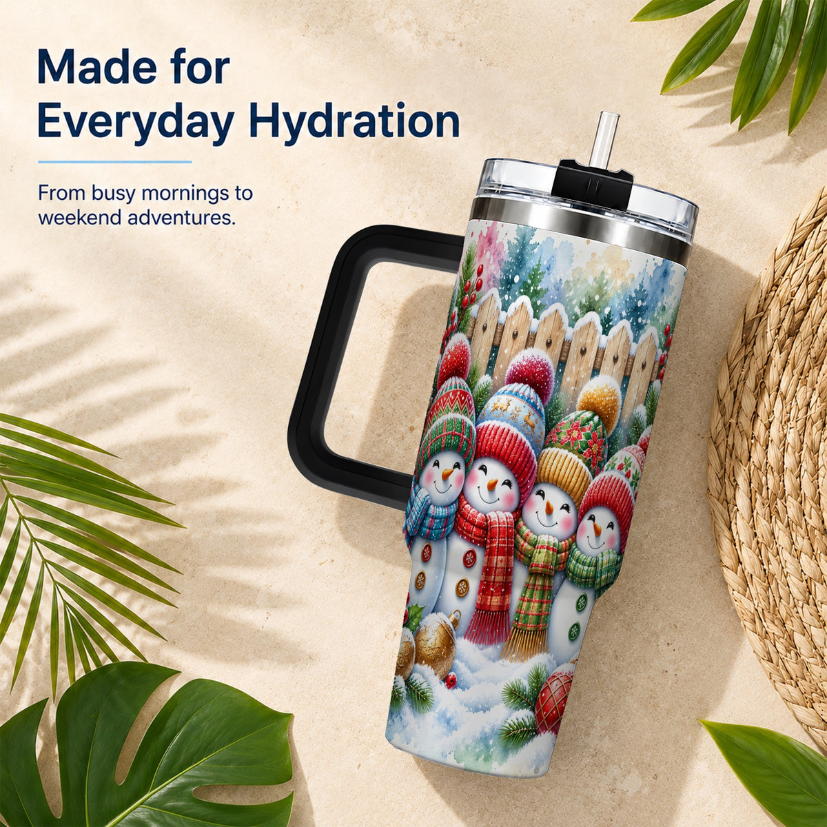 #pl[40oz|Black] Watercolor Snowman Friends 40oz Tumbler with Handle, Winter Travel Cup