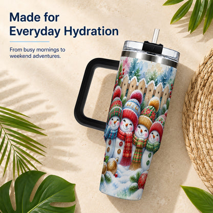#pl[40oz|Black] Watercolor Snowman Friends 40oz Tumbler with Handle, Winter Travel Cup