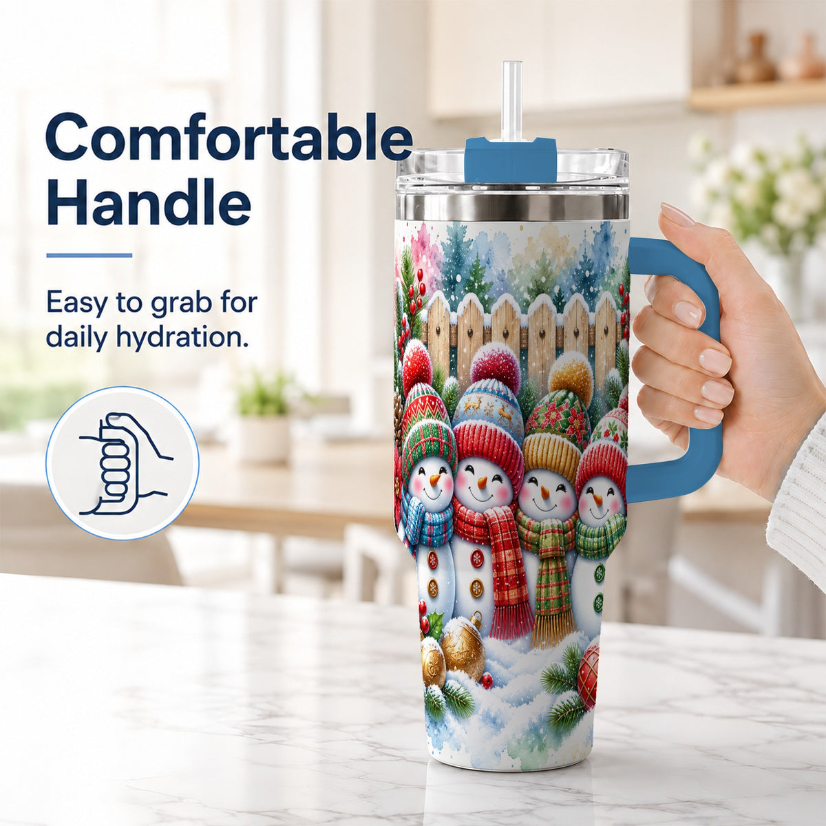 #pl[40oz|Blue] Watercolor Snowman Friends 40oz Tumbler with Handle, Winter Travel Cup