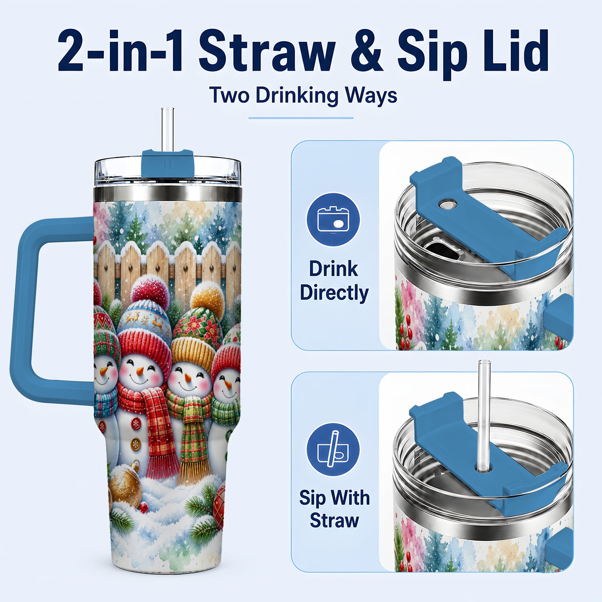 #pl[40oz|Blue] Watercolor Snowman Friends 40oz Tumbler with Handle, Winter Travel Cup
