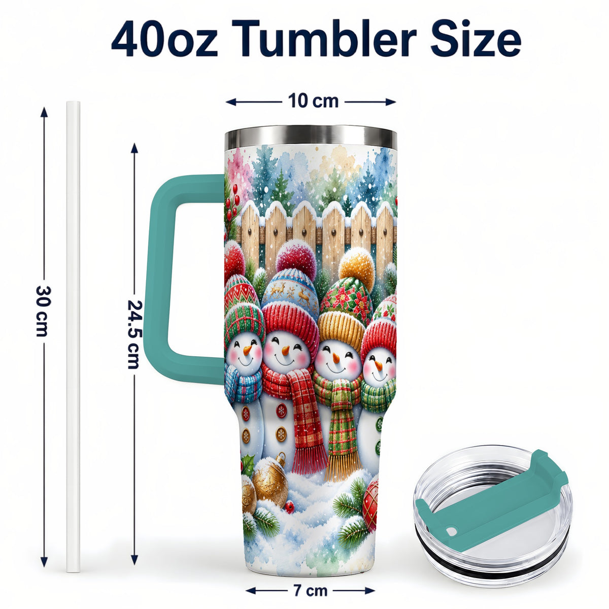 #pl[40oz|Green] Watercolor Snowman Friends 40oz Tumbler with Handle, Winter Travel Cup