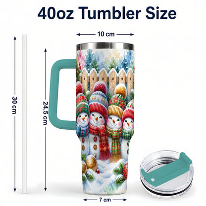 #pl[40oz|Green] Watercolor Snowman Friends 40oz Tumbler with Handle, Winter Travel Cup