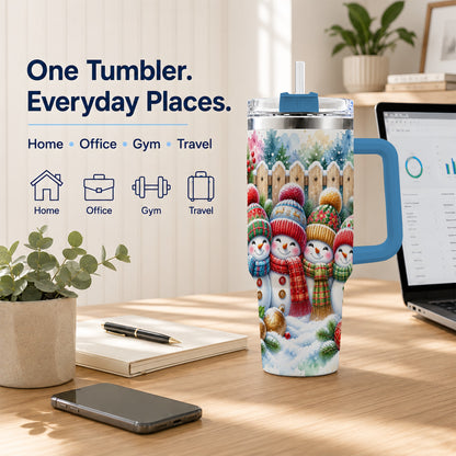 #pl[40oz|Blue] Watercolor Snowman Friends 40oz Tumbler with Handle, Winter Travel Cup