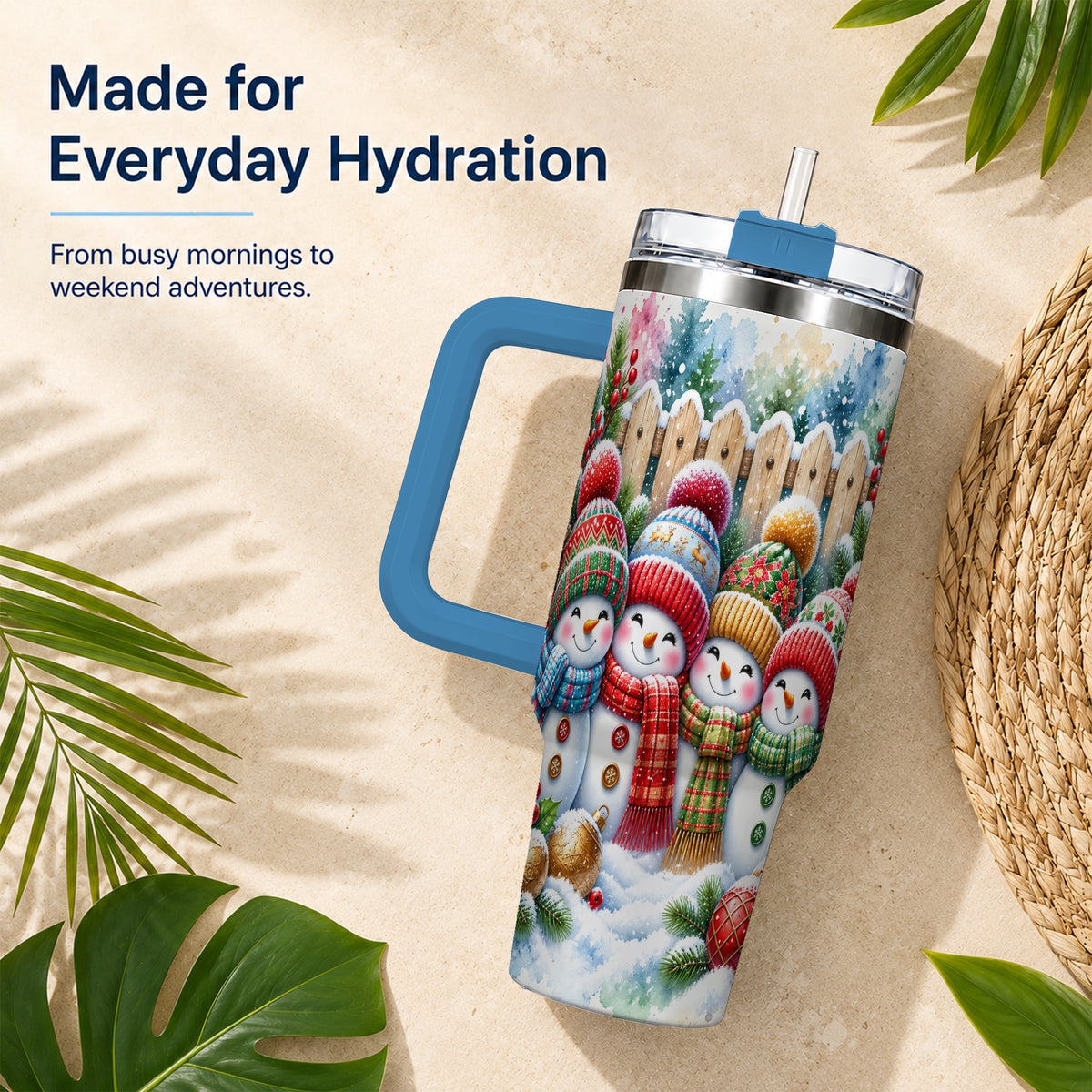 #pl[40oz|Blue] Watercolor Snowman Friends 40oz Tumbler with Handle, Winter Travel Cup
