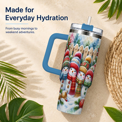 #pl[40oz|Blue] Watercolor Snowman Friends 40oz Tumbler with Handle, Winter Travel Cup