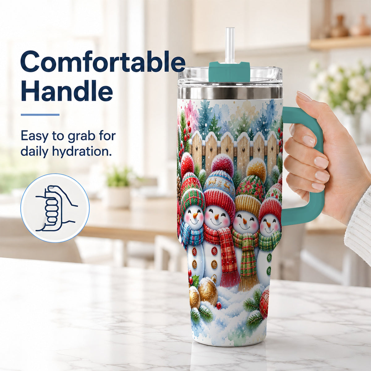 #pl[40oz|Green] Watercolor Snowman Friends 40oz Tumbler with Handle, Winter Travel Cup