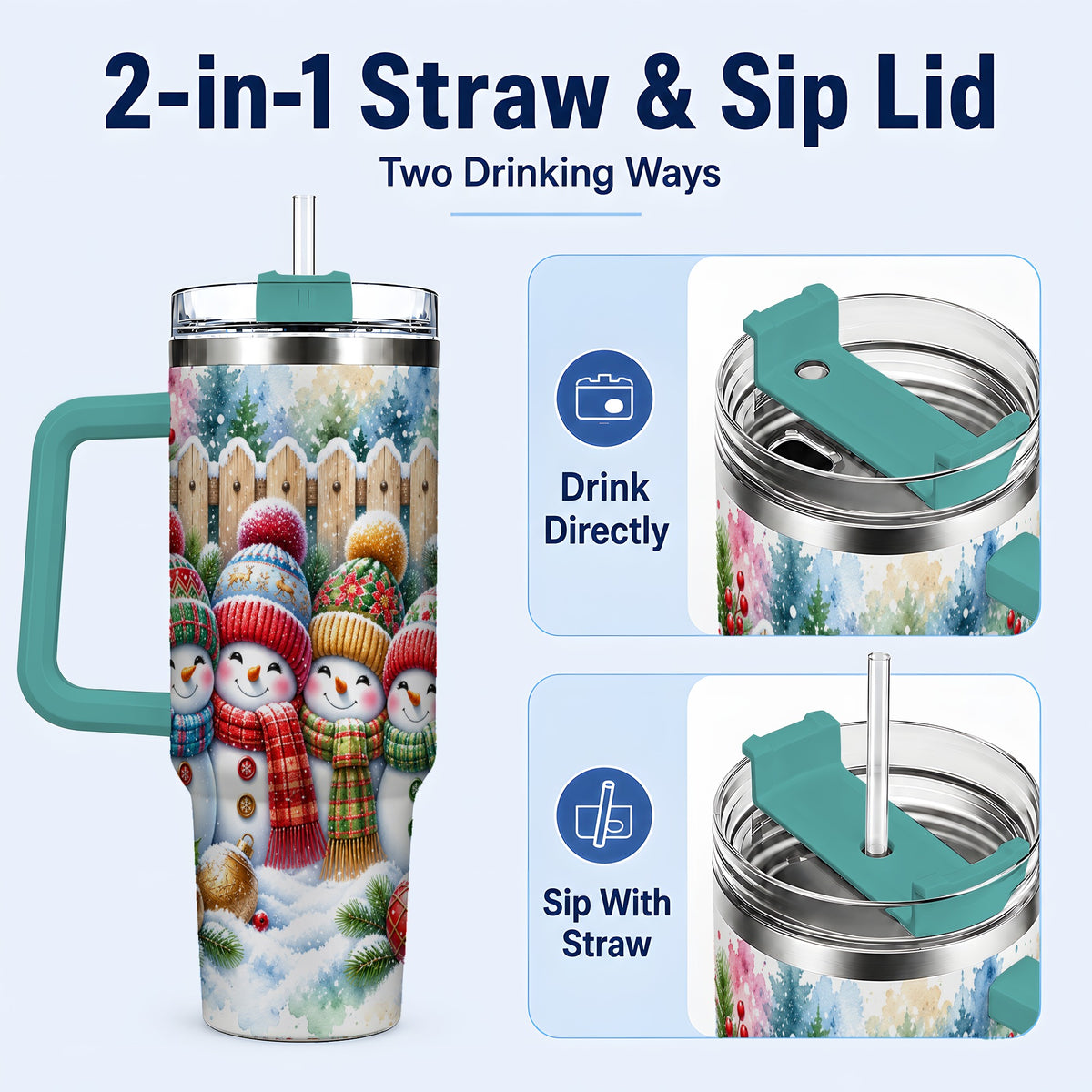 #pl[40oz|Green] Watercolor Snowman Friends 40oz Tumbler with Handle, Winter Travel Cup