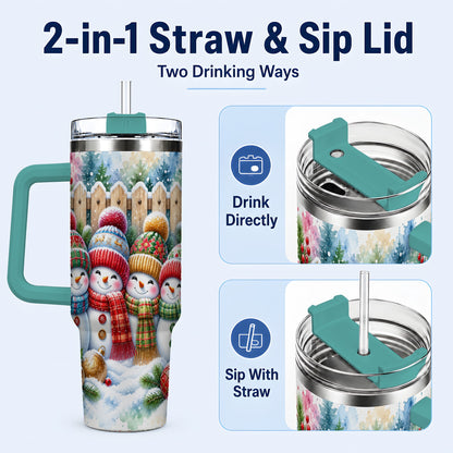 #pl[40oz|Green] Watercolor Snowman Friends 40oz Tumbler with Handle, Winter Travel Cup